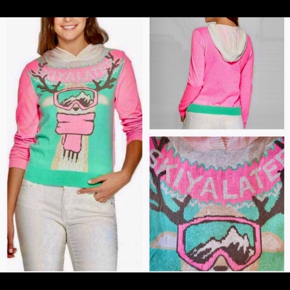 Juniors Holiday Sweater Reindeer Skiing Hooded Pullover Sweater - Picture 3 of 6